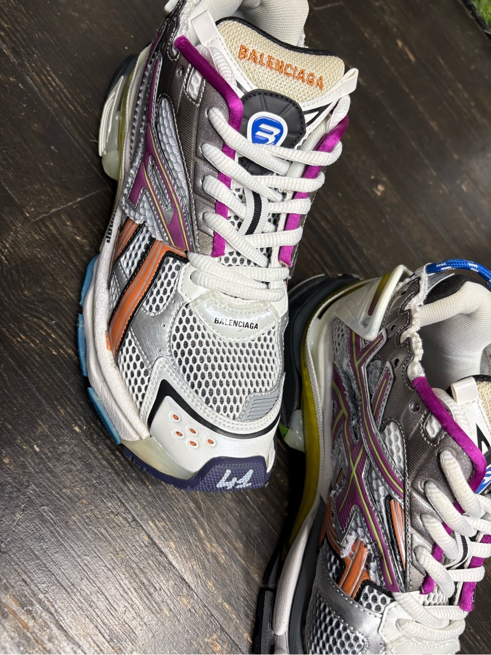 Balenciaga Silver Mesh Runner Sneakers with Purple and Orange Accents
